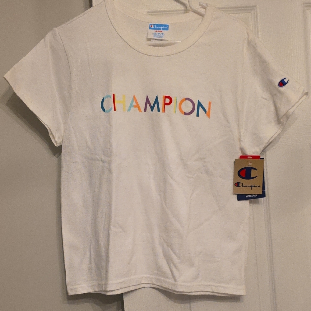 Champion White Short Sleeve Tee with Rainbow Logo